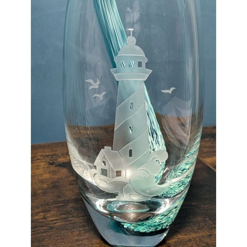 Lenox Barrel Etched Teal Vase Swirl Wave Lighthouse Crystal/Cut Glass 8